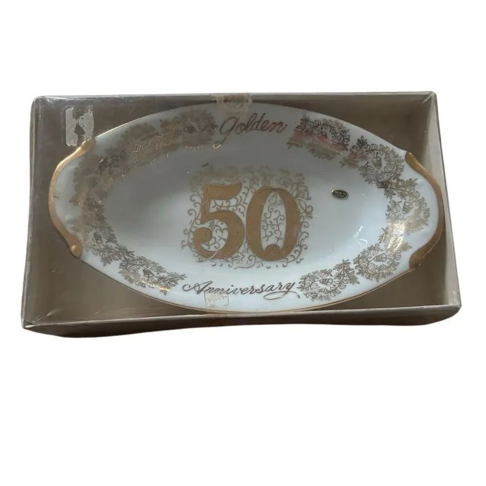 Vintage Norcrest Fine China 50th Golden Anniversary Oval Dish In Original Box